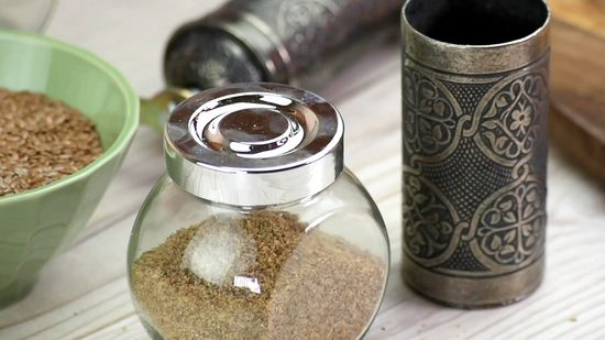 Flax seeds stored in a container.