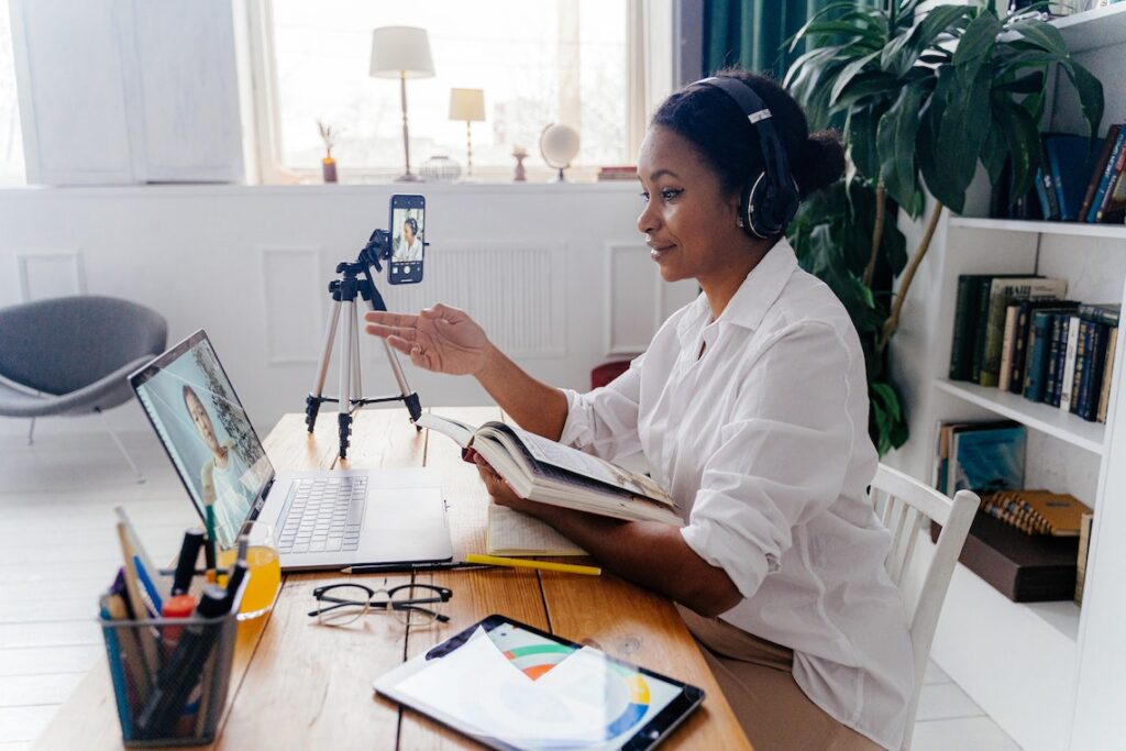 A Woman Talking On Line Using 5G Internet.