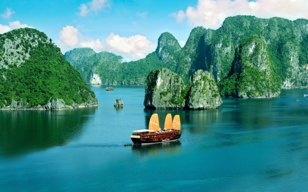 A boat moving at Halong Bay.